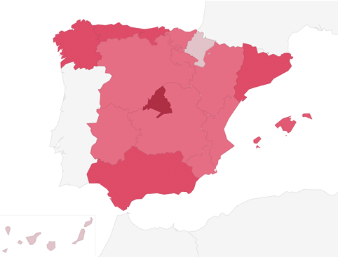 Mapa de calor de España que refleja las actividades que han realizado los Miembros de la Casa Real diferenciadas por Comunidades Autónomas