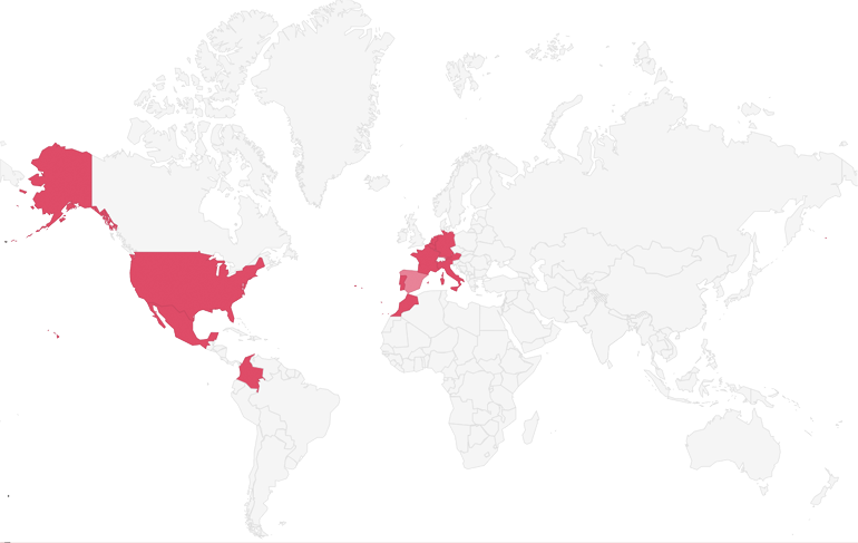 Mapa del Mundo que refleja en color los países que ha visitado la Familia Real durante el periodo