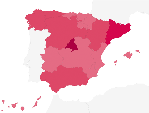 Mapa de calor de España que refleja las actividades que han realizado los Miembros de la Casa Real diferenciadas por Comunidades Autónomas