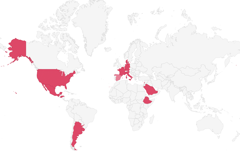 Mapa del Mundo que refleja en color los países que ha visitado la Familia Real durante el periodo