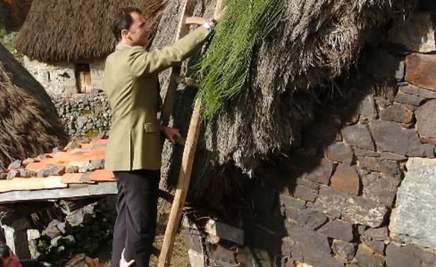 Don Felipe, bajo la atenta mirada de Doña Letizia, arregla la techumbre de un teito -cabaña ganadera cubierta de escoba típica del suroccidente asturi