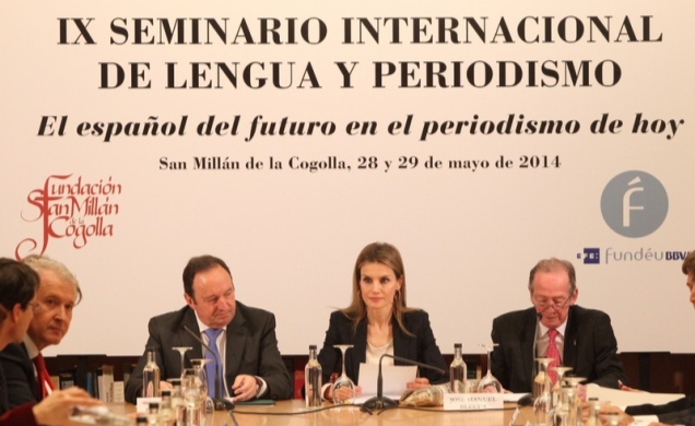 La Princesa de Asturias, junto al presidente de La Rioja y de la Fundación San Millán, Pedro Sanz, y el director de la Real Academia de la Lengua y pr