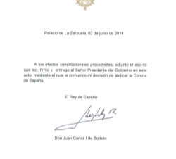 Documento de Su Majestad el Rey mediante el que comunica su decisión de abdicar la Corona