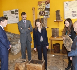 Sus Majestades los Reyes en la Casa de la Apicultura, observan algunas de las colmenas que se exponen