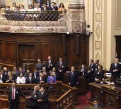 El Presidente Tabaré Ramón Vázquez Rosas dirige unas palabras en el Palacio Legislativo de Uruguay durante el acto de transmisión del mando presidenci
