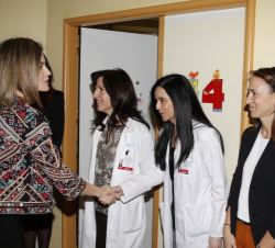 Doña Letizia saluda a los asistentes a la reunión de trabajo sobre la labor educativa que realiza el colegio del hospital