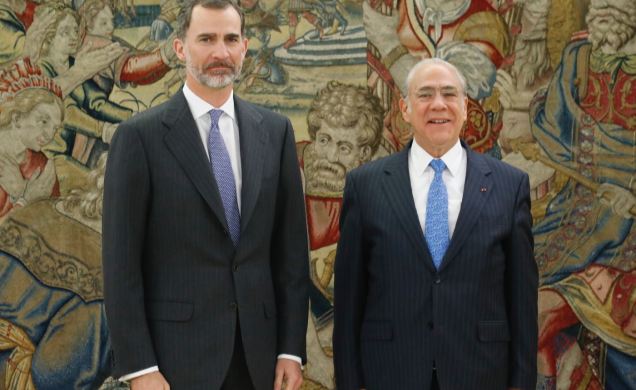 Su Majestad el Rey junto al secretario general de la Organización para la Cooperación y el Desarrollo Económico (OCDE), Ángel Gurría