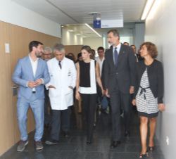 Sus Majestades los Reyes con la ministra de Sanidad, Servicios Sociales e Igualdad, el consejero de Sanidad de la Generalitat de Cataluña y el directo