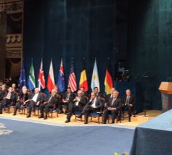 Los galardonados con los Premios Príncipe de Asturias durante la intervención de Su Majestad el Rey