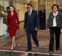 Doña Letizia hace su entrada en la sede de la OMS, acompañada de su director general y de la ministra de Sanidad, Servicios Sociales e Igualdad