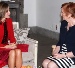 Su Majestad la Reina conversa con la presidenta de la Unión Internacional Contra el Cáncer, Sanchia Aranda