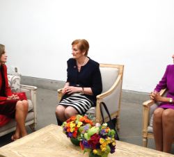 Doña Letizia durante el encuentro mantenido con la presidenta de la Unión Internacional Contra el Cáncer, Sanchia Aranda y la presidenta electa de la 