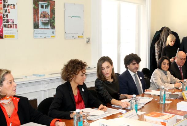 Doña Letizia conversa con la ministra de Sanidad, Servicios Sociales e Igualdad durante la reunión de trabajo sobre la situación de la Violencia de Género en España