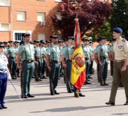 Su Majestad el Rey durante la revista a las tropas a la altura de la Enseña Nacional