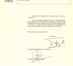 Real Decreto con el nombramiento de Pedro Sánchez Pérez-Castejón como Presidente del Gobierno firmado por Su Majestad el Rey y la presidenta del Congr