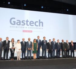 Su Majestad el Rey con los miembros del Consorcio Gastech 2018 y representantes de las empresas Repsol, Enagas, Naturgy, Técnicas Reunidas, Cepsa y Re