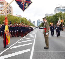 Don Felipe saluda a la Bandera Nacional durante la revista a la agrupación de la Guardia Real que rendía honores
