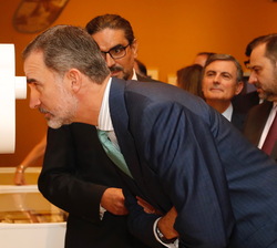 Su Majestad el rey observa una de las fotografías de la exposición