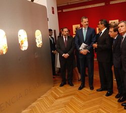 Don Felipe conversa durante el recorrido ante la exposición que simula las ventanillas de un avión