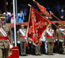 Su Majestad el Rey saluda a su paso por las autoridades durante la revista a la fuerza presente