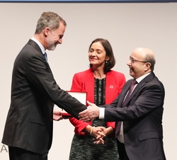 Don Felipe hace entrega de la medalla de Oro de la Confederación de Empresarios de Navarra a Manuel Torres, presidente del Grupo MTorres