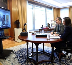 Don Felipe y Doña Letizia durante la video conferencia mantenida desde el Palacio de La Zarzuela con el presidente de Mercadona, Juan Roig