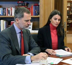 Don Felipe y Doña Letiza instantes previos a la videoconferencia con directivos de Comercio de Oviedo