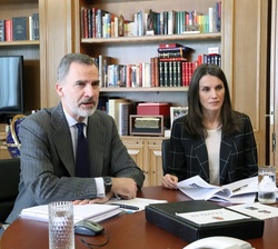 Sus Majestades los Reyes durante la videoconferencia que mantuvieron con personalidades e instituciones del ámbito del deporte