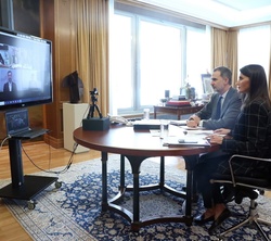 Sus Majestades los Reyes durante la videoconferencia con el ámbito del deporte