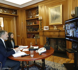 Sus Majestades los Reyes durante la videoconferencia que mantuvieron con investigadores del CSIC