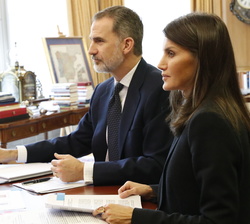 Sus Majestades los Reyes durante la videoconferencia con investigadores del CSIC