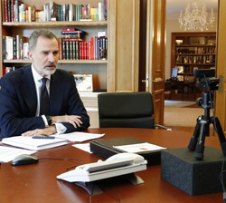 Su Majestad el Rey durante la videoconferencia con el presidente de Microsoft