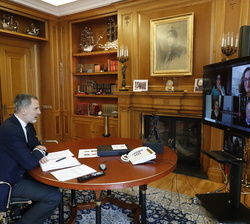 Su Majestad el Rey durante la videoconferencia con el presidente de Microsoft