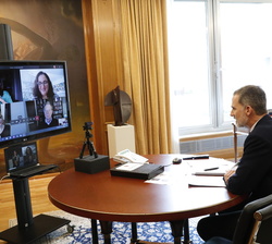 Su Majestad el Rey durante la videoconferencia con el presidente de Microsoft