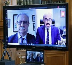 Los responsables de la Sociedad Española de Geriatría y Gerontología y del Foro Profesión Médica durante la videoconferencia con Sus Majestades los Re