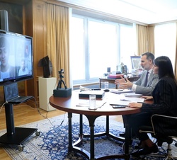 Don Felipe y Doña Letizia durante la videoconferencia con los responsables del Consejo de la Juventud de España 