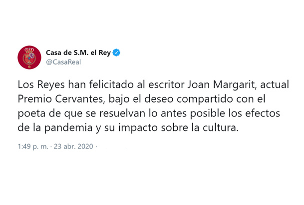 Conversación telefónica de Sus Majestades los Reyes con el Premio Cervantes 2019, el poeta Joan Margarit 