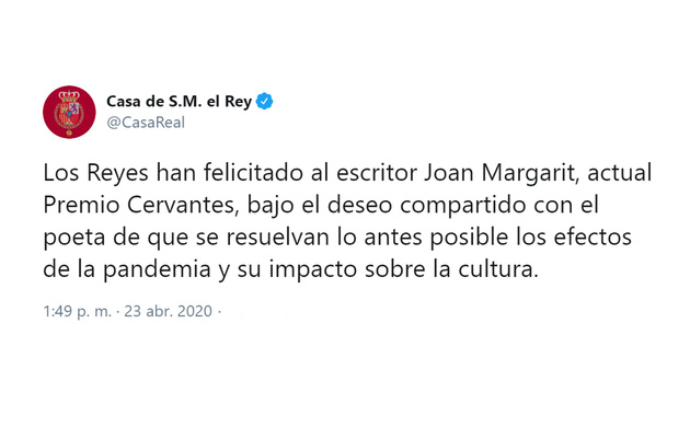 Conversación telefónica de Sus Majestades los Reyes con el Premio Cervantes 2019, el poeta Joan Margarit 