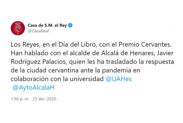 Conversación telefónica de Sus Majestades los Reyes con el Alcalde de Alcalá de Henares, Javier Rodríguez Palacios 