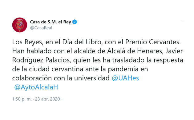Conversación telefónica de Sus Majestades los Reyes con el Alcalde de Alcalá de Henares, Javier Rodríguez Palacios 