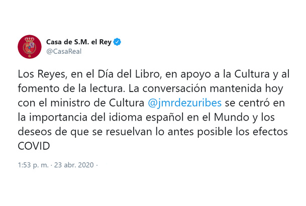 Conversación telefónica de Sus Majestades los Reyes con el Ministro de Cultura y Deporte, José Manuel Rodríguez Uribes 
