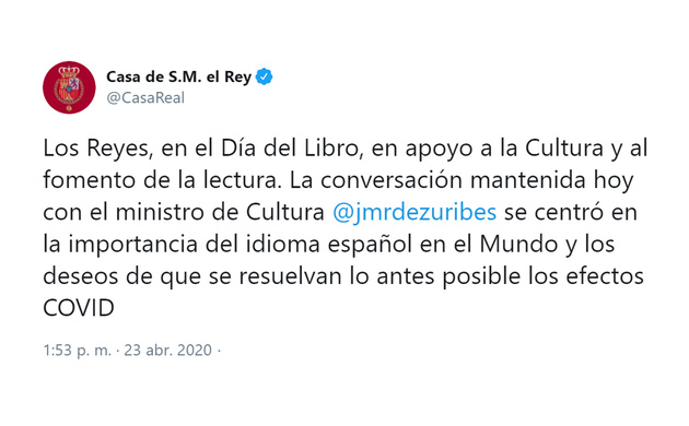 Conversación telefónica de Sus Majestades los Reyes con el Ministro de Cultura y Deporte, José Manuel Rodríguez Uribes 