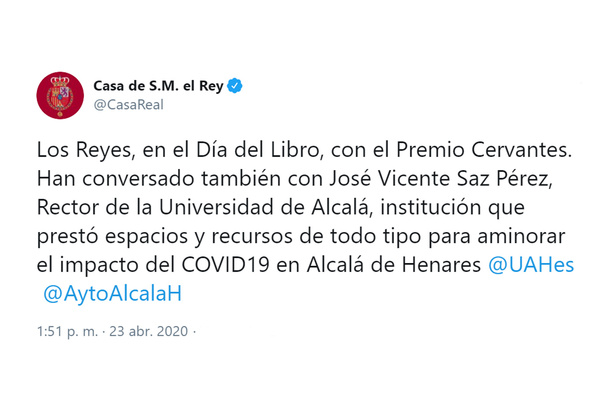 Conversación telefónica de Sus Majestades los Reyes con el Rector Magnífico de la Universidad de Alcalá de Henares, José Vicente Saz 