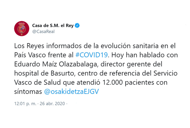 ​Sus Majestades los Reyes informados de la evolución sanitaria en Euskadi frente a COVID19