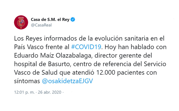 ​Sus Majestades los Reyes informados de la evolución sanitaria en Euskadi frente a COVID19