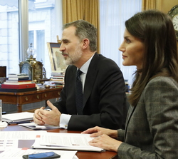 Don Felipe y Doña Letizia durante la videoconferencia con los embajadores de la Marca España del ámbito deportivo