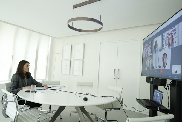 Doña Letizia durante la videoconferencia con representantes de la Federación de Distribuidores Cinematográficos