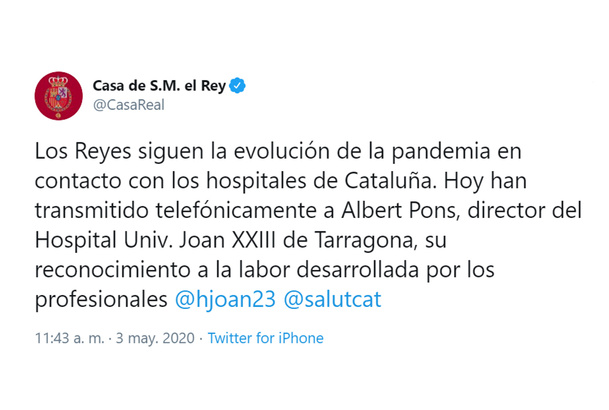 Sus Majestades los Reyes, en conversación telefónica con el Hospital Universitario “Joan XXIII” de Tarragona