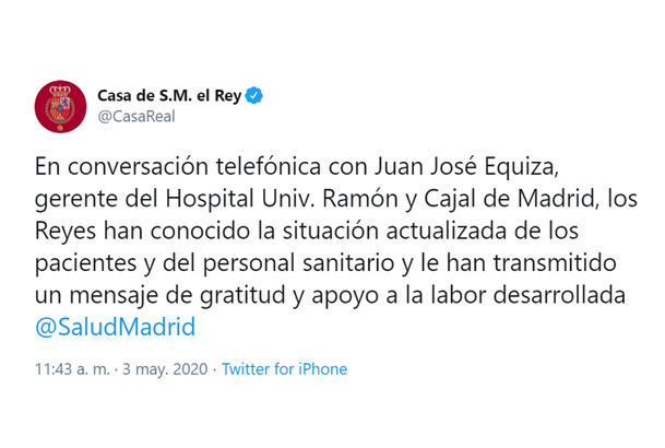 Sus Majestades los Reyes, en conversación telefónica, con el Hospital Universitario Ramón y Cajal de Madrid