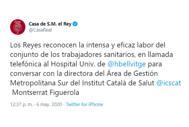 Conversación telefónica de Sus Majestades los Reyes con el Hospital Universitario de Bellvitge y Área Sanitaria Sur de Barcelona